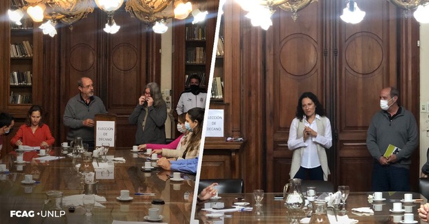 La imagen muestra a la Dra. Amalia Meza cuando ingresa a la Biblioteca una vez electa, junto al Lic. Raúl Perdomo, quien la recibe y felicita.
